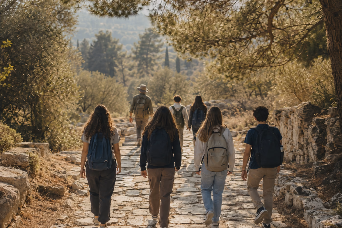 קבוצת נוער צועדת במעלה שביל בשמורת טבע, מצולמת מהגב, עם מדריך בראש הקבוצה